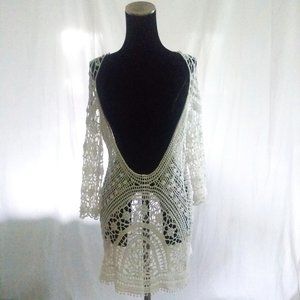 Crochet Festival Swimsuit Coverup Layering White Doily Top Size M